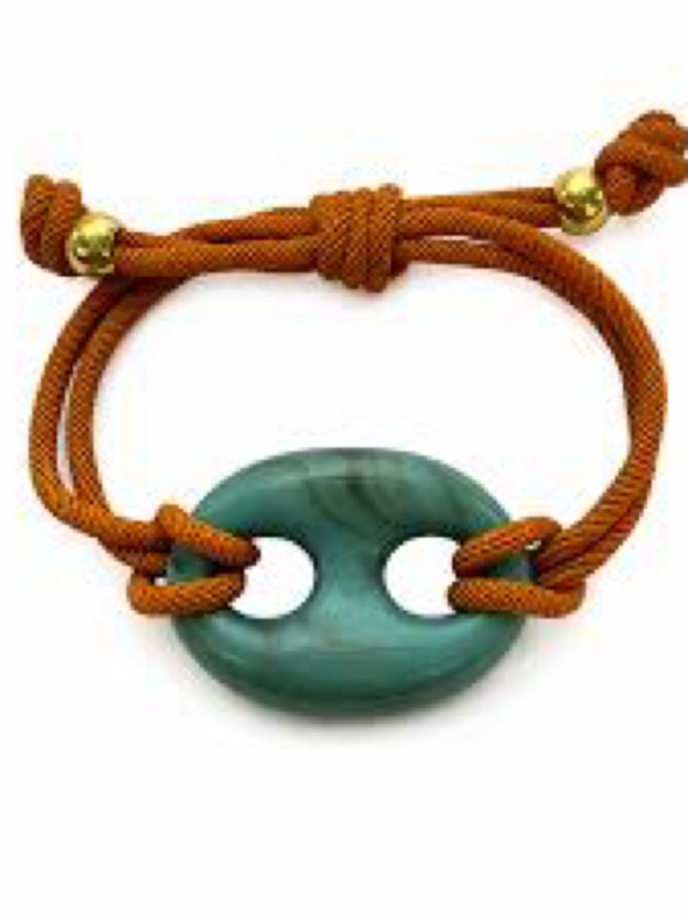 Source Unknown Teal Stone Bracelet with Brown Cord and Gold Accents